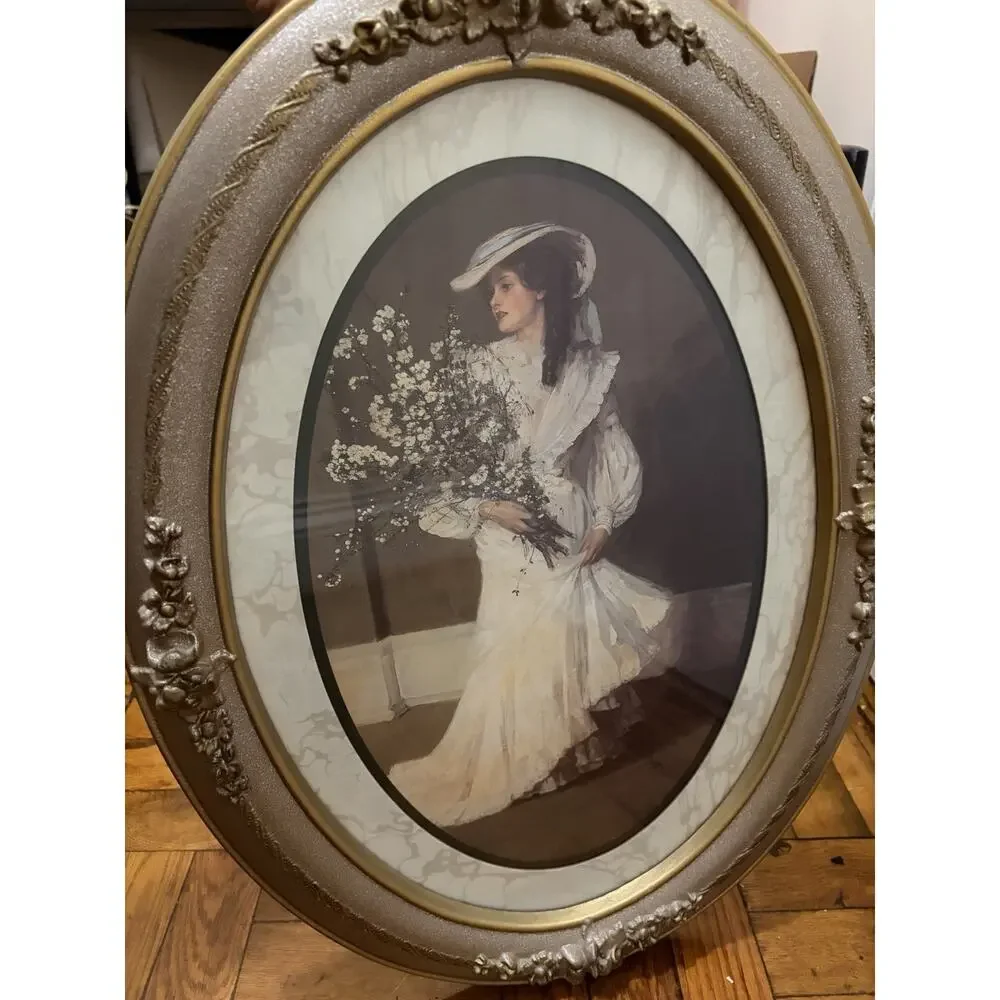 Antique-Style Oval Framed Print Victorian Lady with Flowers Ornate Frame